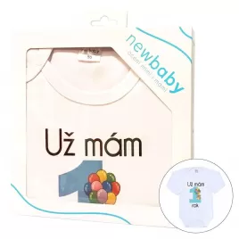 New Baby Body s potlačou Už mám 1 rok modré - darčekové balenie